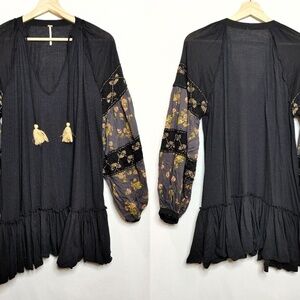 Free‎ People Mix It Up Tunic Vneck Mini Dress Black Beaded Floral Small S